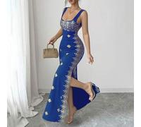 Damen glänzendes Gold & Schwarz Sommer Neues Kleid, quadratischer Ausschnitt, Spaghettiträger, rückenfreies Kleid mit Schlitz am Saum, taillierter Sch