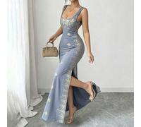 Damen glänzendes Gold & Schwarz Sommer Neues Kleid, quadratischer Ausschnitt, Spaghettiträger, rückenfreies Kleid mit Schlitz-Saum, taillierter Schnit