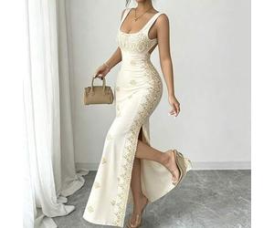 Damen glänzendes Gold & Schwarz Sommer Neues Kleid, quadratischer Ausschnitt, Spaghettiträger, rückenfreies Kleid mit Schlitz-Saum, taillierter Schnit