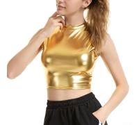 Damen Glänzendes Kunstleder Wetlook Stehkragen Crop Top Ärmellos Tank Weste für Club Party Tanzabend kantig für Slim Fit Kostüm Tragen Schwarz (L Gold)