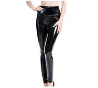 Damen Glanz Leggins Shiny Leggings Wet-Look Leder-Look Latex Hose Hohe Taille Sexy glänzend Wet Look & Mat voller Länge Leggings Schwarz L