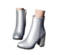 Damen Glitzer High Heels Stiefeletten mit Blockabsatz und Reißverschluss Chunky Heels Ankle Boots Pailletten Halbstiefel Elegant Damenstiefel Casual Winterstiefel Plateau Schuhe