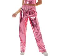 Damen Glitzer Metallic Hose 80er 90er Jahre High Waist Hologramm Hip Hop Jogginghose (001 Pink, S)