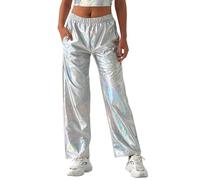 Damen Glitzer Metallic Hose 80er 90er Jahre High Waist Hologramm Hip Hop Jogginghose (01 Silber, XXL)
