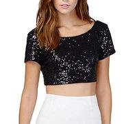 Damen Glitzer Pailletten Tank Tops, Frauen Bluse Pailletten Riemchen V-Ausschnitt Camis Tank Top Crop Shirt Damen Tops Bügel T-Shirt Sparkle Shimmer Glitzer Pailletten Slim Boot