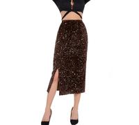 Damen Glitzer Rock Lang Elastische Taille Pailletten Rock Midi Skirt Bleistiftrock für Bankette und Partys Kaffee S