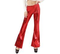 Damen Glitzer Schlaghose Disco Weite Bein Tanzhosen Vintage 70er Palazzo Lange Hose Wide Leg Pants Hohe Taille Kunstlederhose Boot Cut Stretch Leggings Flared Hosen Clubwear