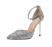 Damen Glitzer Schnall Blockabsatz Sandalen Pumps Bequem High Heels Sexy Pointed Toe Schuh 9cm Frauen Glitter Schnalle Hochzeit (silbrig,38)