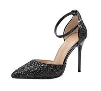Damen Glitzer Schnall Blockabsatz Sandalen Pumps Bequem High Heels Sexy Pointed Toe Schuh 9cm Frauen Glitter Schnalle Hochzeit (schwarz,38)