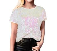 Damen Glitzer Shirt Kurzarm Oberteile Schön Glänzend Pailletten Tops Tshirt Elegant Festlich Damenbluse Mode Abend Party Wedding Glitzertop Bluse Glitzer Shirt Damen Gold