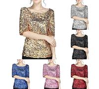 Damen Glitzer Shirt Kurzarm Oberteile Schön Glänzend Pailletten Tops Tshirt Elegant Festlich Damenbluse Mode Abend Party Wedding Glitzertop Bluse Tops