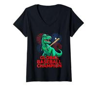 Damen Global Baseball Champion T-Rex Dinosaurier Vintage B-Movie T-Shirt mit V-Ausschnitt
