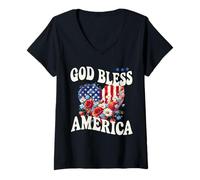 Damen God Bless America Retro Floral Heart Patriotische Flagge T-Shirt mit V-Ausschnitt