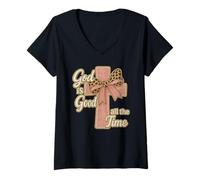 Damen God is Good All The Time Leopard Bow Cross Christian T-Shirt mit V-Ausschnitt