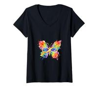 Damen Gold Infinity Butterfly Autismus Rainbow Splash T-Shirt mit V-Ausschnitt