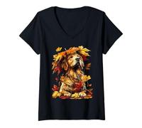 Damen Golden Retriever mit Herbstlaub-Regenschirm, Herbst-Hund T-Shirt mit V-Ausschnitt