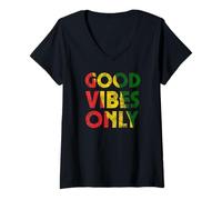 Damen Good Rasta Reggae Roots Vibes Only Flagge Rot Grün Gelb T-Shirt mit V-Ausschnitt