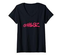 Damen Gorillaz Brush Logo Pink T-Shirt mit V-Ausschnitt