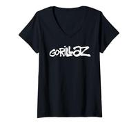 Damen Gorillaz White Paint Brush Logo T-Shirt mit V-Ausschnitt