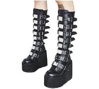 Damen Goth Plateau-Stiefel, Kniehoch, Schwarz, Gothic-Style, Klobiger Absatz, Holografische Schnallen, Halbwade, Schnürung, Kampfbotas