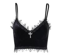 Damen Gothic Crop Top Spaghetti Strap Camisole Mall Goth Grunge Punk Fairy Cami Korsett Top rückenfreie Weste, Schwarzes Cami mit Spitzenbesatz, Groß