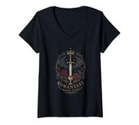 Damen Gothic Fantasy Romance Reader Krone Schwert Rabe Rosen T-Shirt mit V-Ausschnitt