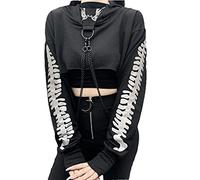 Damen-Gothic-Kapuzen-Top, langärmelig, schwarz, mit Kette, bedruckt, bauchfrei, E-Girl Harajuku, Reflektierender Kapuzenpullover, Small