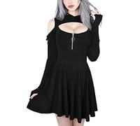 Damen Gothic Kapuzenkleid Übergröße Plissee Minikleid Mode Kalte Schulter Lange Ärmel Strassenmode Schwarz Casual Kleid Cosplay Oberteil Kleider (Black, L)