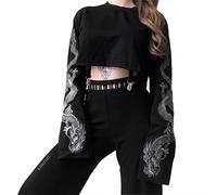 Damen Gothic Kapuzenoberteil, lange Ärmel, schwarze Kette, bauchfreies Top, E-Girl Harajuku, Dragon Hoodie, Groß