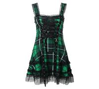 Damen Gothic Kleid Kariertes Schnüren Minikleid Strap Kleid Punk Halloween Cosplay Kleid Steampunk Vintage Rockabilly Kleid Schlitz Damen Spitze Patchwork Kariertes ärmelloser Rock Mode Kleidung