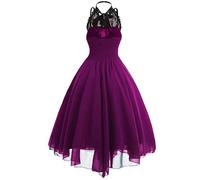 Damen Gothic Kleid Spitzenkleid Vintage Chiffon Kleid Sexy mit Spitzennähte Neckholder Kleider Punk Abendkleid Maxikleid Steampunk Halloween Karneval Kostüm für Cosplay Party Club