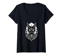 Damen Gothic Psychedelic Black Cat Hypnotic Eyes Celestial Witchy T-Shirt mit V-Ausschnitt