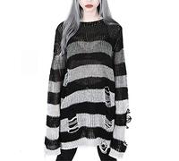 Damen Gothic Punk Grunge Pullover Langarm Rundhals Oversize Lose Colorblock Gestreiftes Zerrissene Lange Strickpullover Pulloverkleid Longpullover Oberteile Tops Strickhemd (A, L)