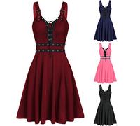 Damen Gothic Punk Kleid Sale Verstellbaren Spagettiträgern Trägerkleid Frauen Sexy V Ausschnitt Kleider mit Kordelzug Rückenfrei Kleidung Hohe Taille Rock Punk Goth Rocke Kostüm Abendkleid Ballkleid