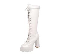 Damen Gothic Style Hohe Stiefel 2023 Neu Langschaft Boots Mit Blockabsatz Herbst Winter Lackleder Schnürstiefel Rutschfest Warm Schneestiefel Plateau Stiefeletten Für Outdoor Party ( Color : White , S