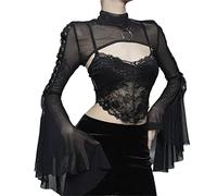 Damen-Gothic-Top, Punk-Cover-Ups, Netz-Crop-Top, durchsichtig, sexy Langarm-Bluse, Y2K, schwarzes Rave-Outfit, Festival, Medium