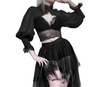 Damen Gothic Tops Punk Cover Ups Mesh Crop Top Durchsichtig Sexy Langarm Bluse Y2k Schwarz Rave Outfit Festival, Goth Outfits für Frauen Viktorianische Bluse, Large