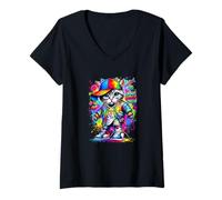 Damen Graffiti Cool Cat Illustration Novelty Graphic Designs T-Shirt mit V-Ausschnitt