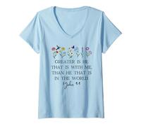 Damen Greater is He That is in Me Christian 1 John 4:4 Bible Verse T-Shirt mit V-Ausschnitt