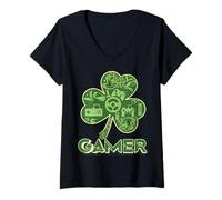 Damen Green Gamer Kleeblatt Videospiele Patricks Day Gaming Spiel T-Shirt mit V-Ausschnitt