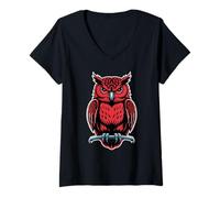 Damen Grimmige rote Eule, stehend auf AST, Emblem T-Shirt mit V-Ausschnitt