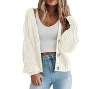 Damen Grobstrick Open Front Sweater Langarm Knopf Lose Kurze Strickjacke Oberbekleidung Mäntel, weiß, S