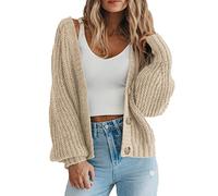 Damen Grobstrickpullover vorne offen Langarm Knopf Lose Kurze Strickjacke Oberbekleidung Mäntel, aprikose, L