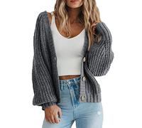 Damen Grobstrickpullover vorne offen Langarm Knopf Lose Kurze Strickjacke Oberbekleidung Mäntel, grau, M