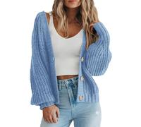 Damen Grobstrickpullover vorne offen Langarm Knopf Lose Kurze Strickjacke Oberbekleidung Mäntel, hellblau, M