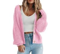 Damen Grobstrickpullover vorne offen Langarm Knopf Lose Kurze Strickjacke Oberbekleidung Mäntel, rose, L