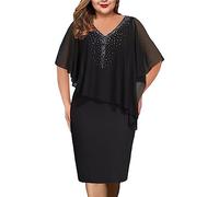 Damen Große Größe Cape Chiffon Cocktailkleid V-Ausschnitt A-Line Knielang Abendkleid mit Overlay