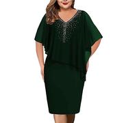Damen Große Größe Cape Chiffon Cocktailkleid V-Ausschnitt A-Line Knielang Abendkleid mit Overlay
