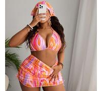 Damen Große Größen 4-teiliges Set, Zufälliger Muster Neckholder & Dicke Träger Dreieck Bikini Set mit passendem Muster Zugband Rock & Hut für den Somm