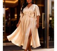 Damen Große Größen Aprikose Weicher Satin Finish Elegantes Kleid Mit 3D Blumen Hoher Schlitz Hochzeit Abendkleid Geburtstagsparty Luxus Abendkleid Für